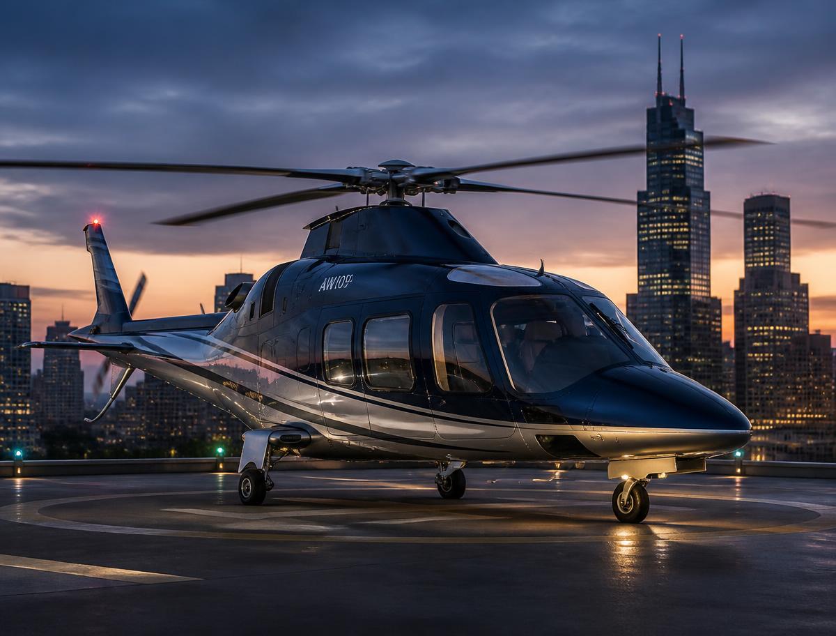 Agusta AW109 executive helicopter on a rooftop helipad
