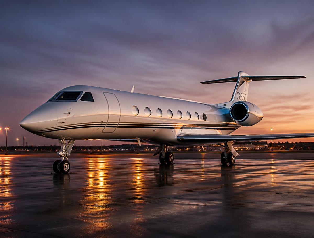 Gulfstream G550 on a twilight tarmac